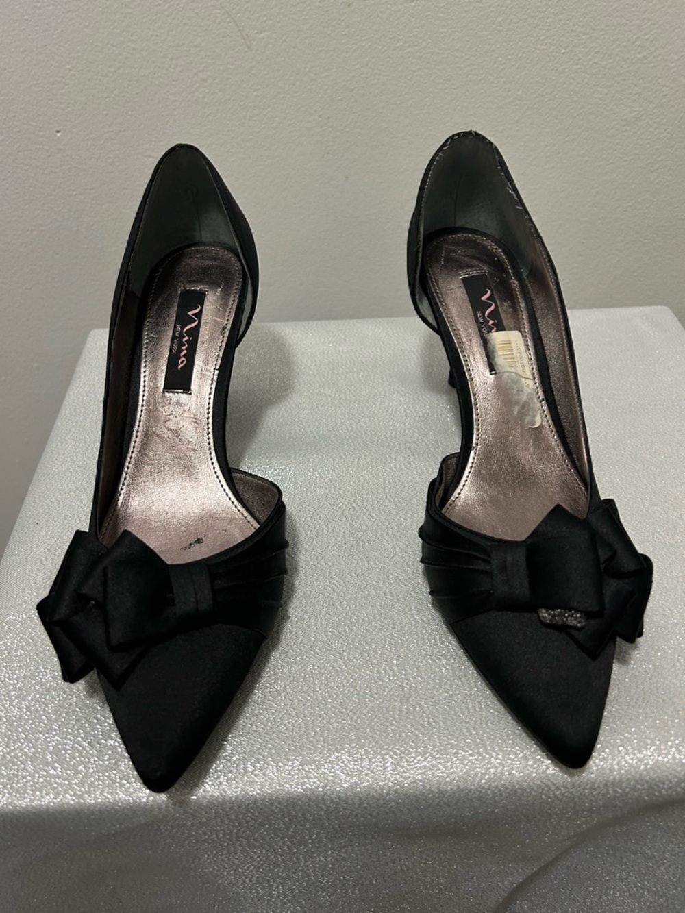 Nina Black Satin Pointed-Toe Heels with Decorative Bow